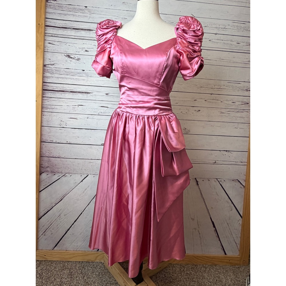 Satin Midi Dress 10 Pink Puff Sleeve Bow Formal ILGWU Vintage 80s Prom Gown USA